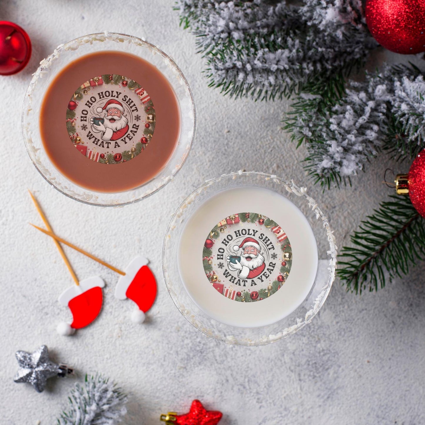 Pre-cut edible cupcake or drink toppers, Santa what a year. Icing images and wafer images