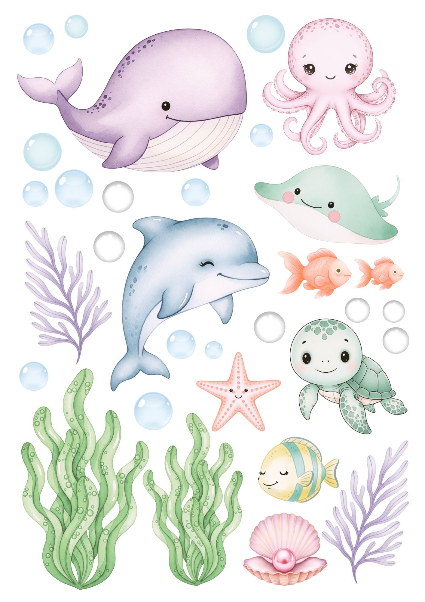 Cute Ocean Sea creature scene - pre-cut edible icing stickers
