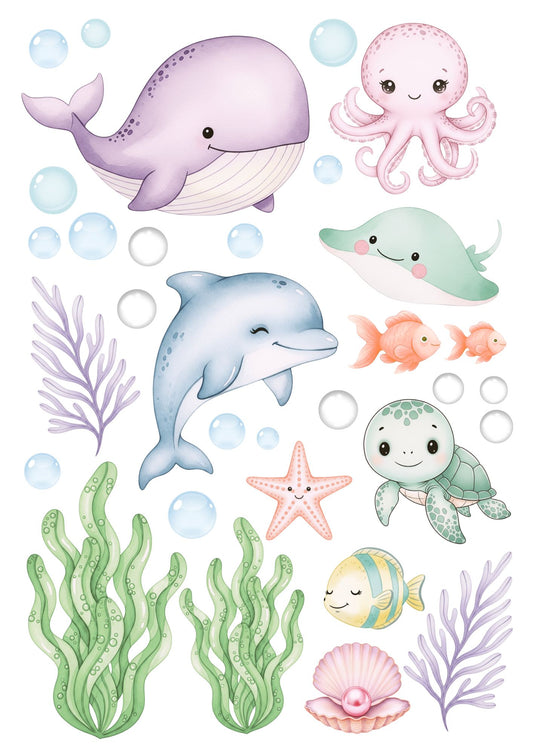 Cute Ocean Sea creature scene - pre-cut edible icing stickers