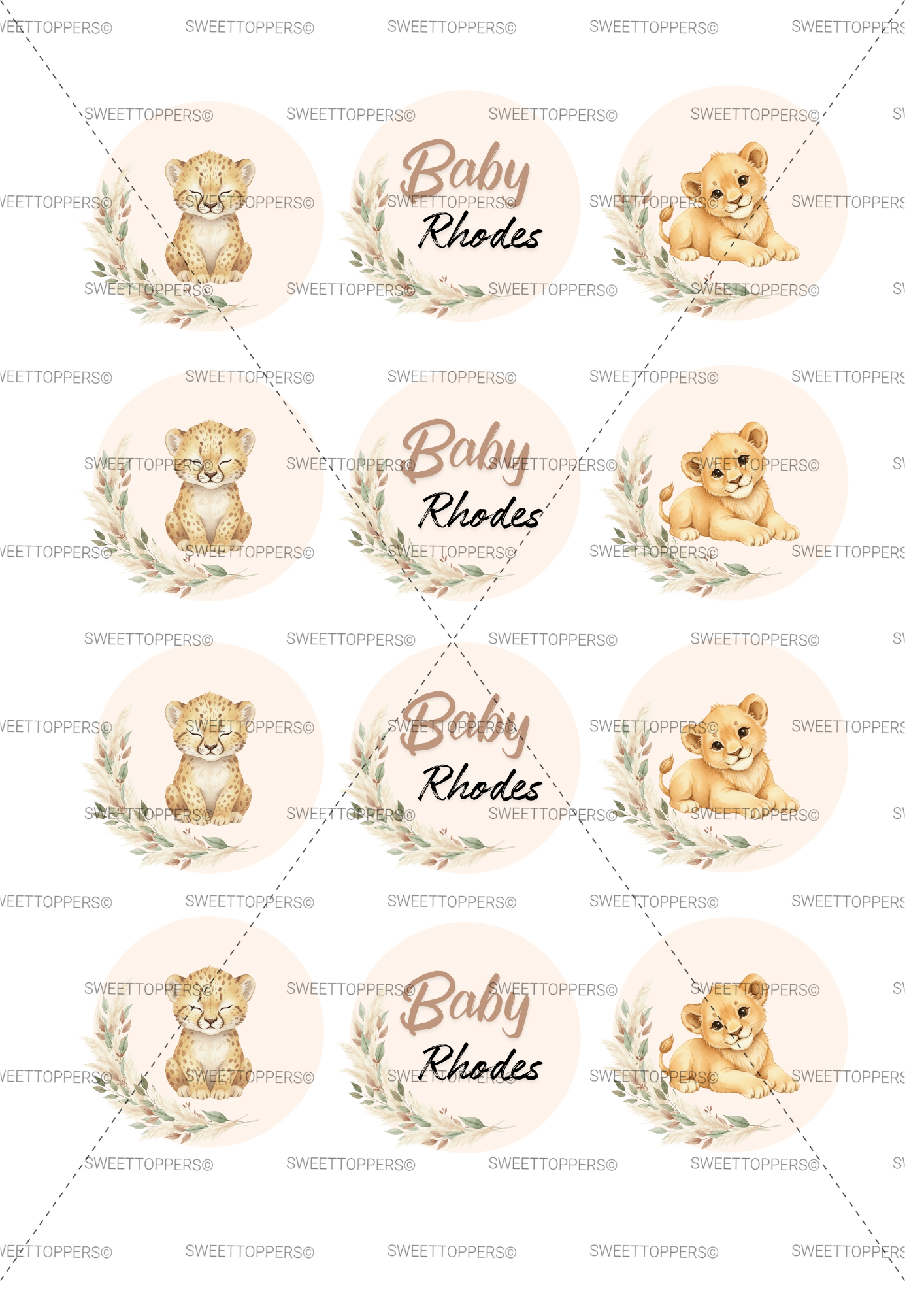 Custom name Baby lion cub pre-cut edible icing circles (12)