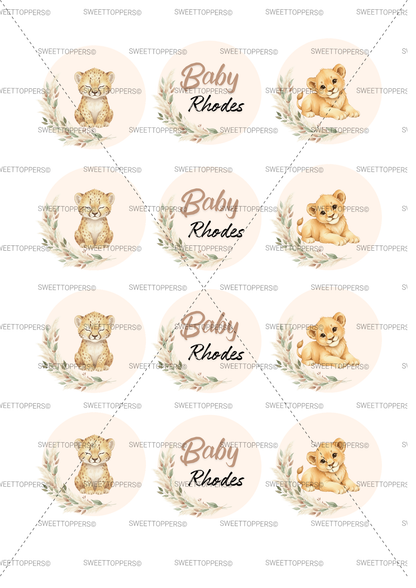 Custom name Baby lion cub pre-cut edible icing circles (12)
