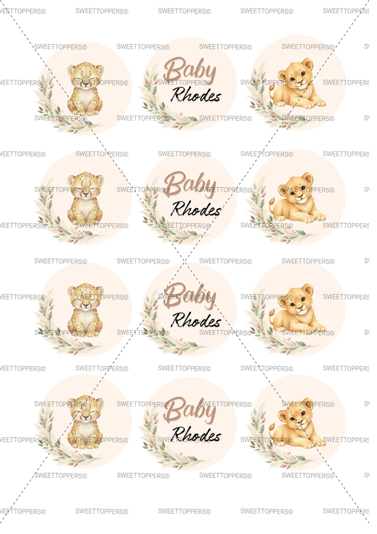 Custom name Baby lion cub pre-cut edible icing circles (12)