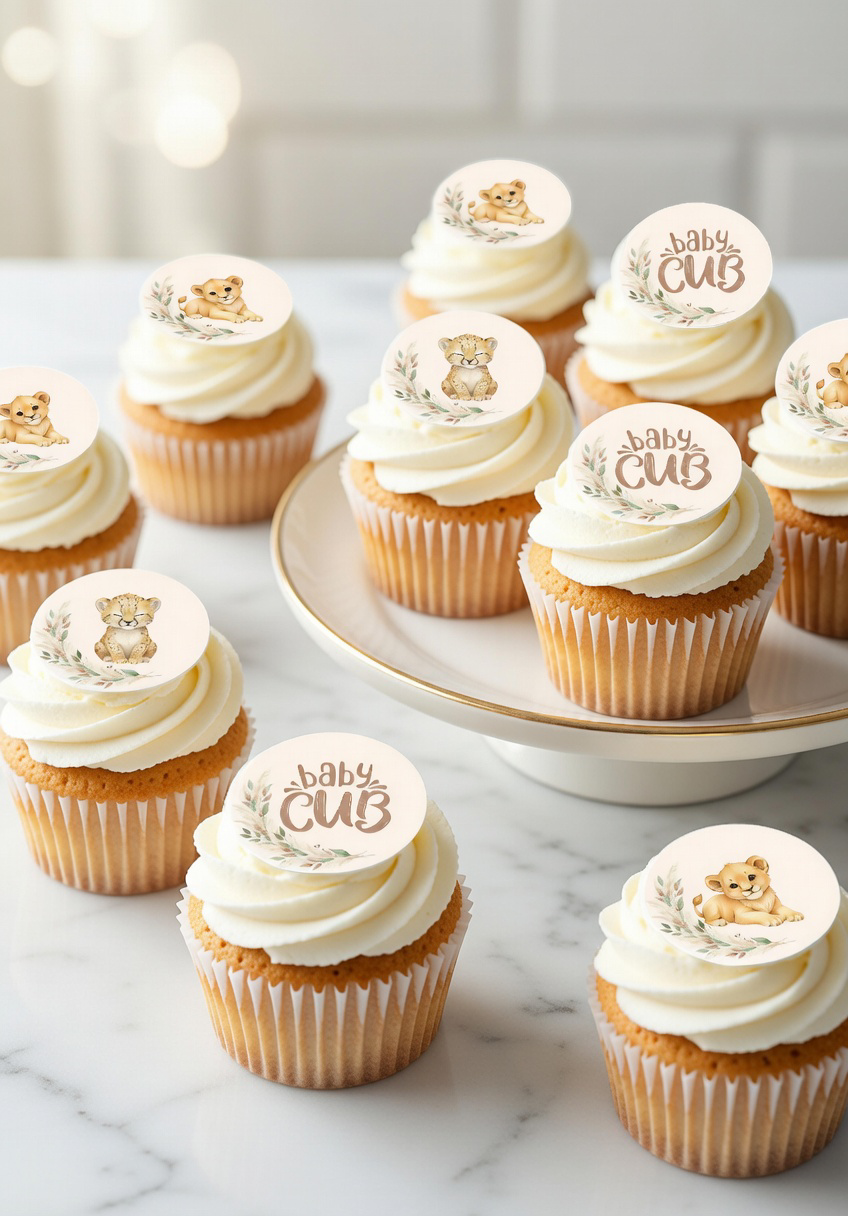 Custom name Baby lion cub pre-cut edible icing circles (12)