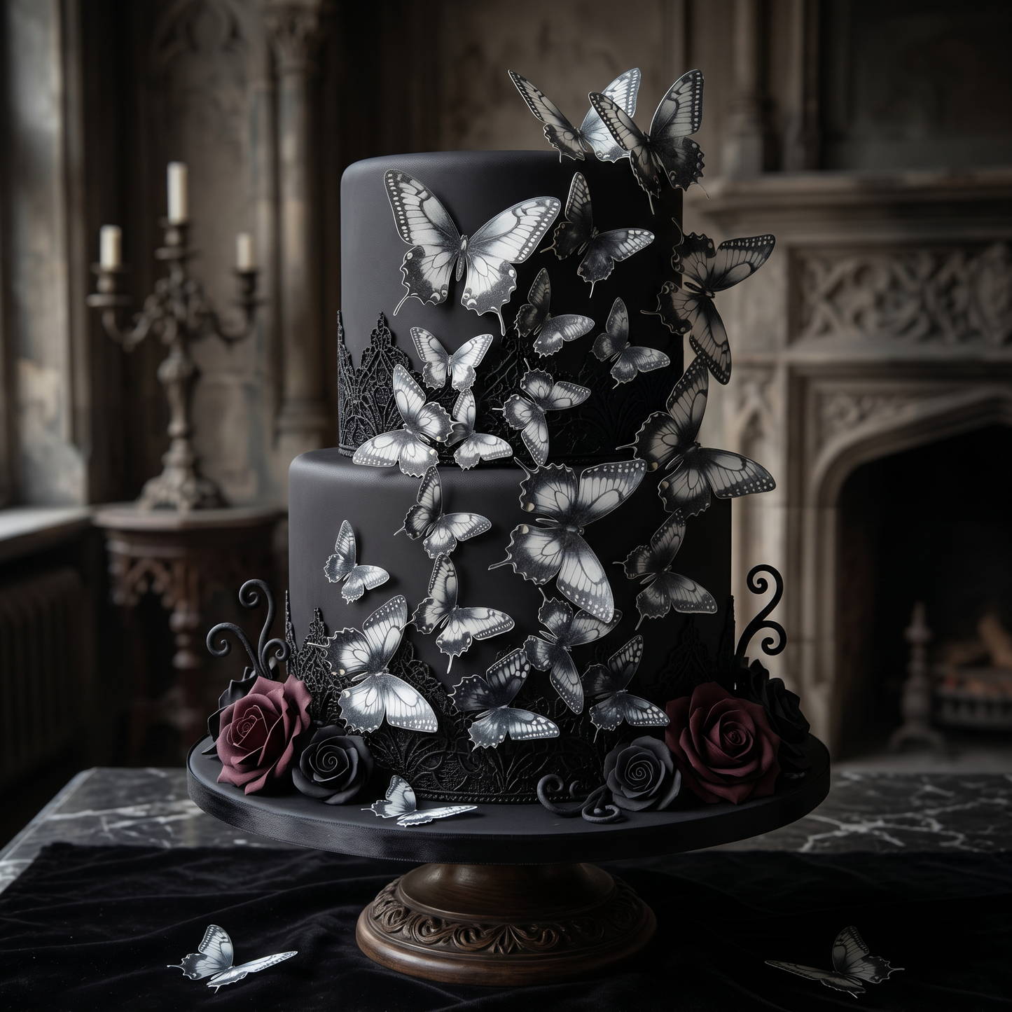 Pre-cut Wafer Butterflies Edible - monochrome gothic vintage theme