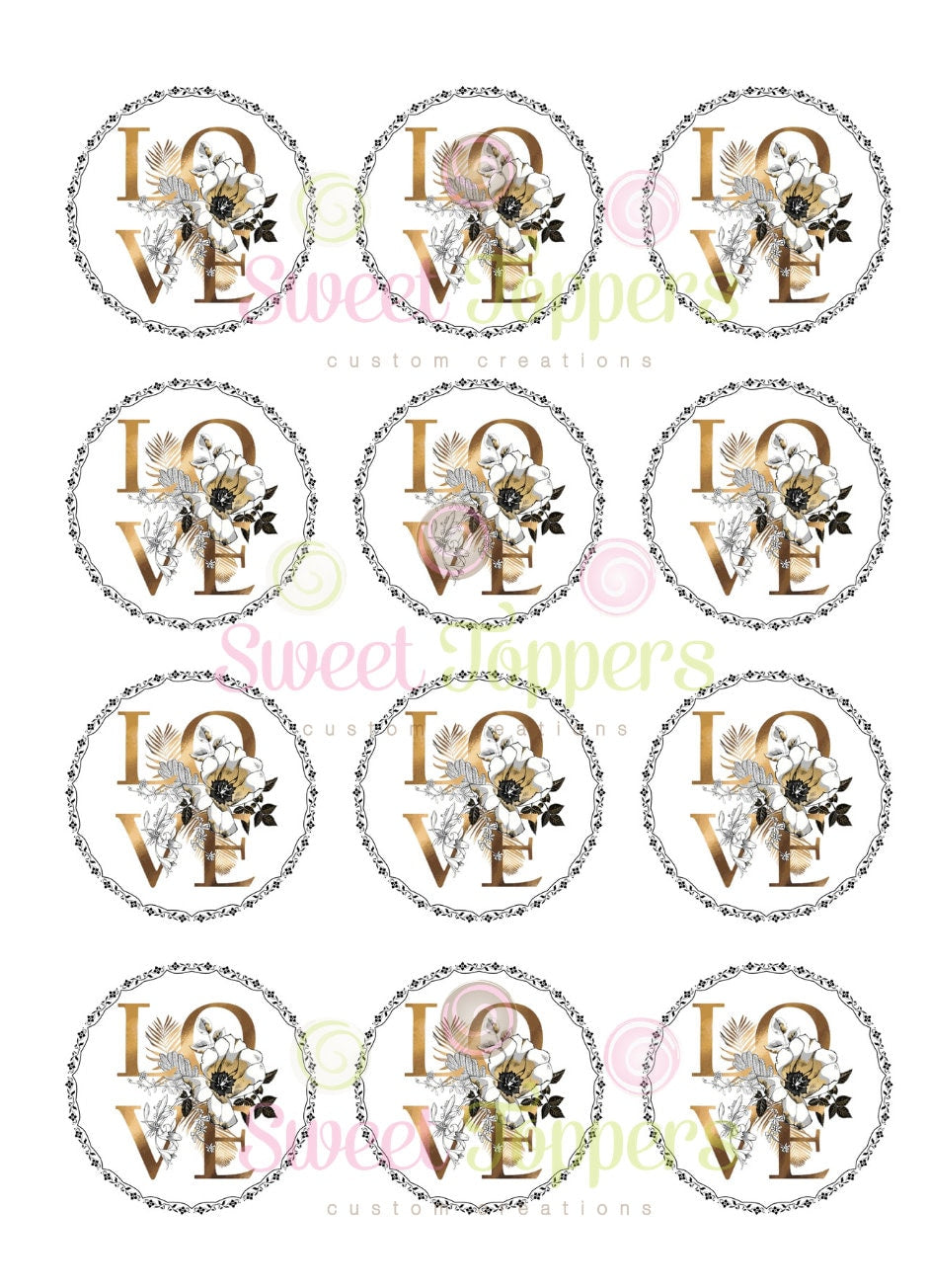 LOVE floral monogram pretty Edible printed icing image cupcake cookies wedding engagement  toppers black and gold